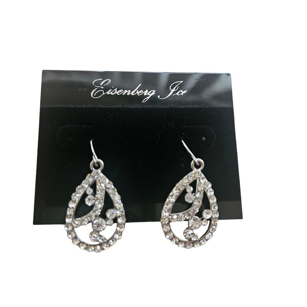 Eisenberg Ice Silver Tone Rhinestone Teardrop Swirl Dangle Earrings